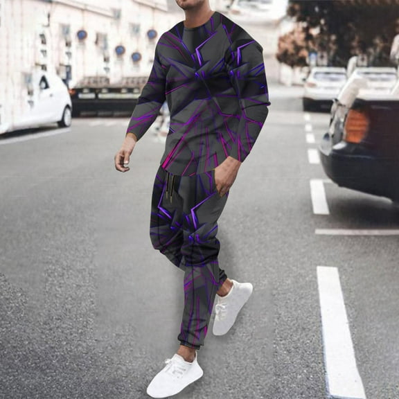 Wavsuf 2pcs Jogger Set Men Long Sweatsuits Sets for Mens New Motion Shirt Sweatshirt and Sweatpants Purple Size 3XL