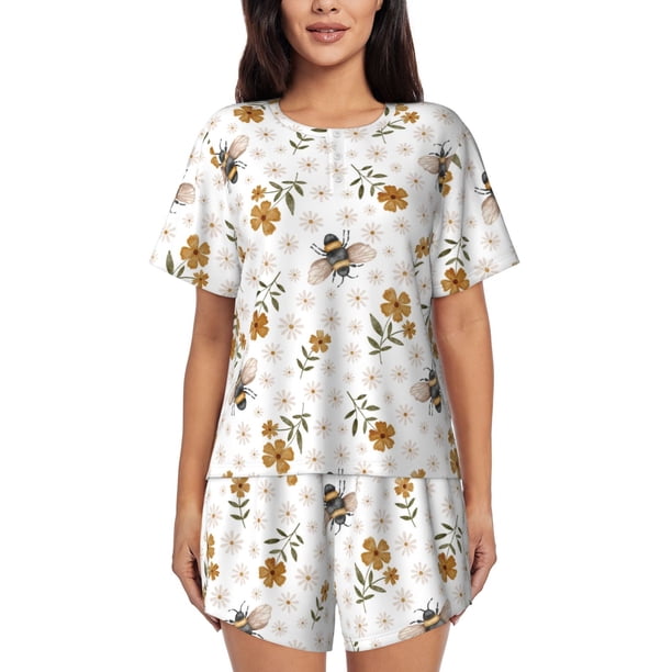 Balery Bees And Flowers Conjunto de Pijama para Mujer con Estampado, Dos Piezas de Manga Corta y Shorts, Ropa de Dormir Suave con Cuello Redondo y Bolsillos-X-Large