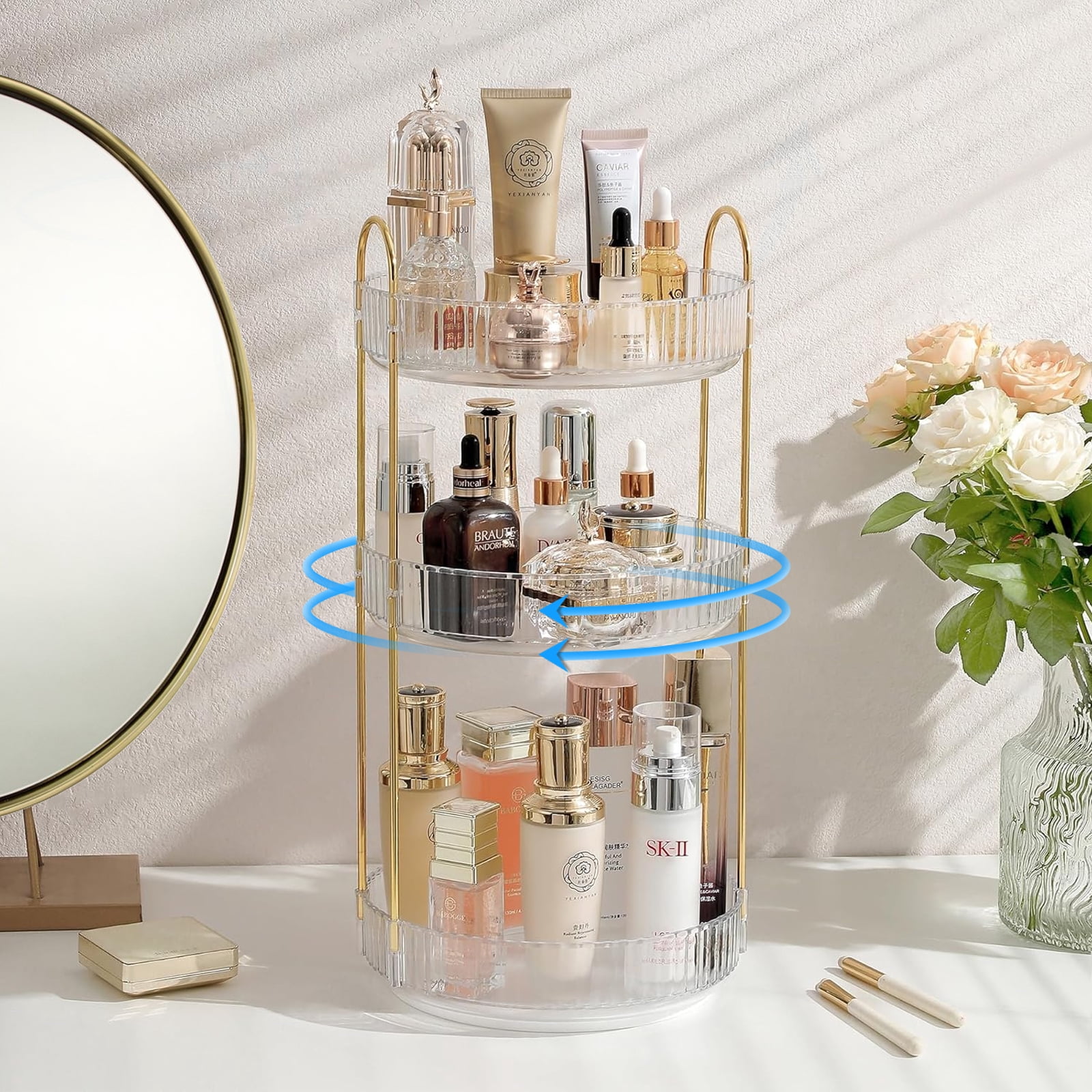 Kisportee 360° Rotating Makeup Organizer for Vanity, 3 Tier Large Skincare Make Up Storage Perfume Organizers for Bathroom Counter, Clear Cosmetic Dresser Lipstick Spinning Holder