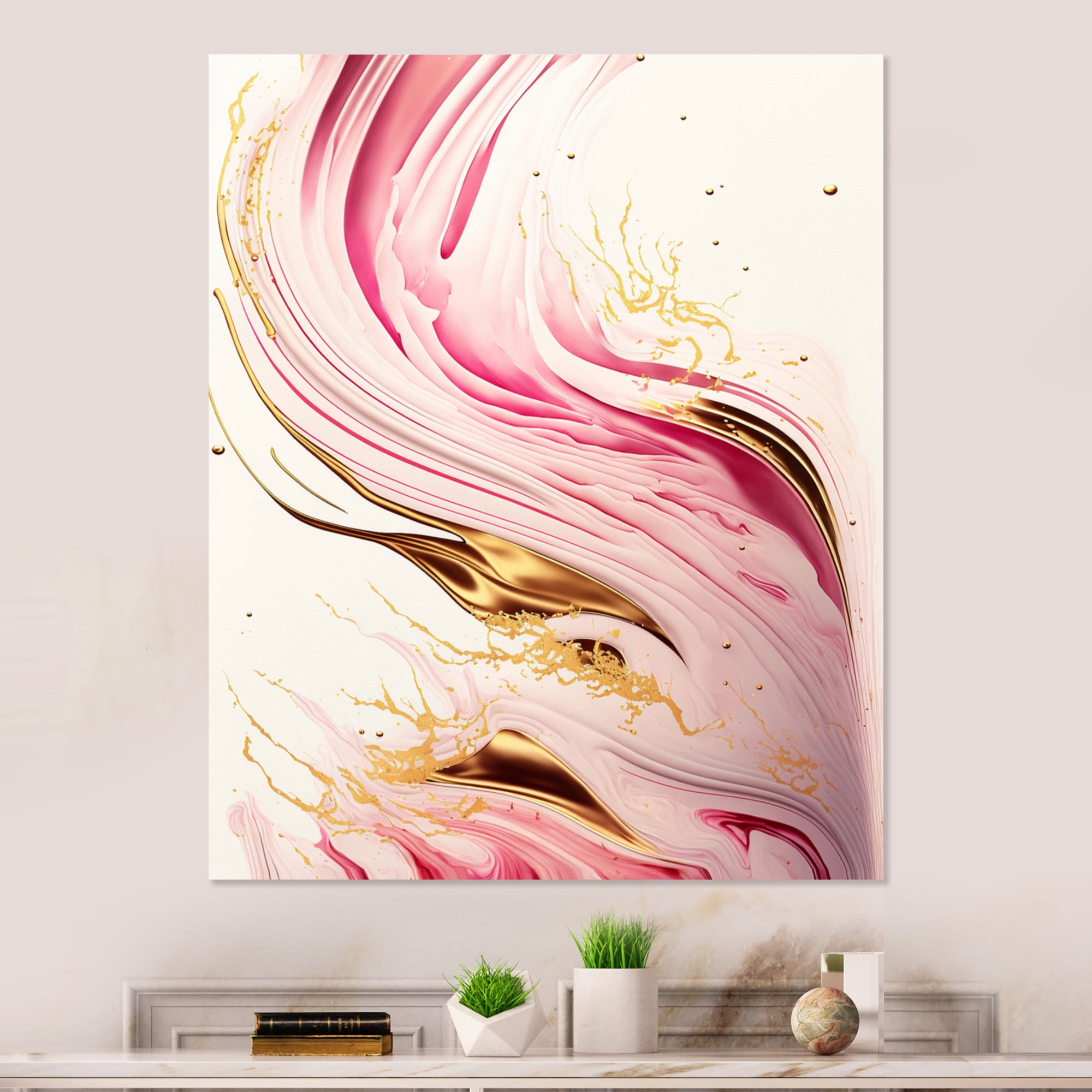 Designart Bold Pink And Gold Flow Art I Canvas Wall Art
