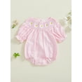 thumbnail image 2 of ZINTAOZT Infant Baby Girls Plaid Bubble Romper Short Sleeve Daisy Embroidery Smocked Bodysuit 0-2Years Summer Clothes, 2 of 8