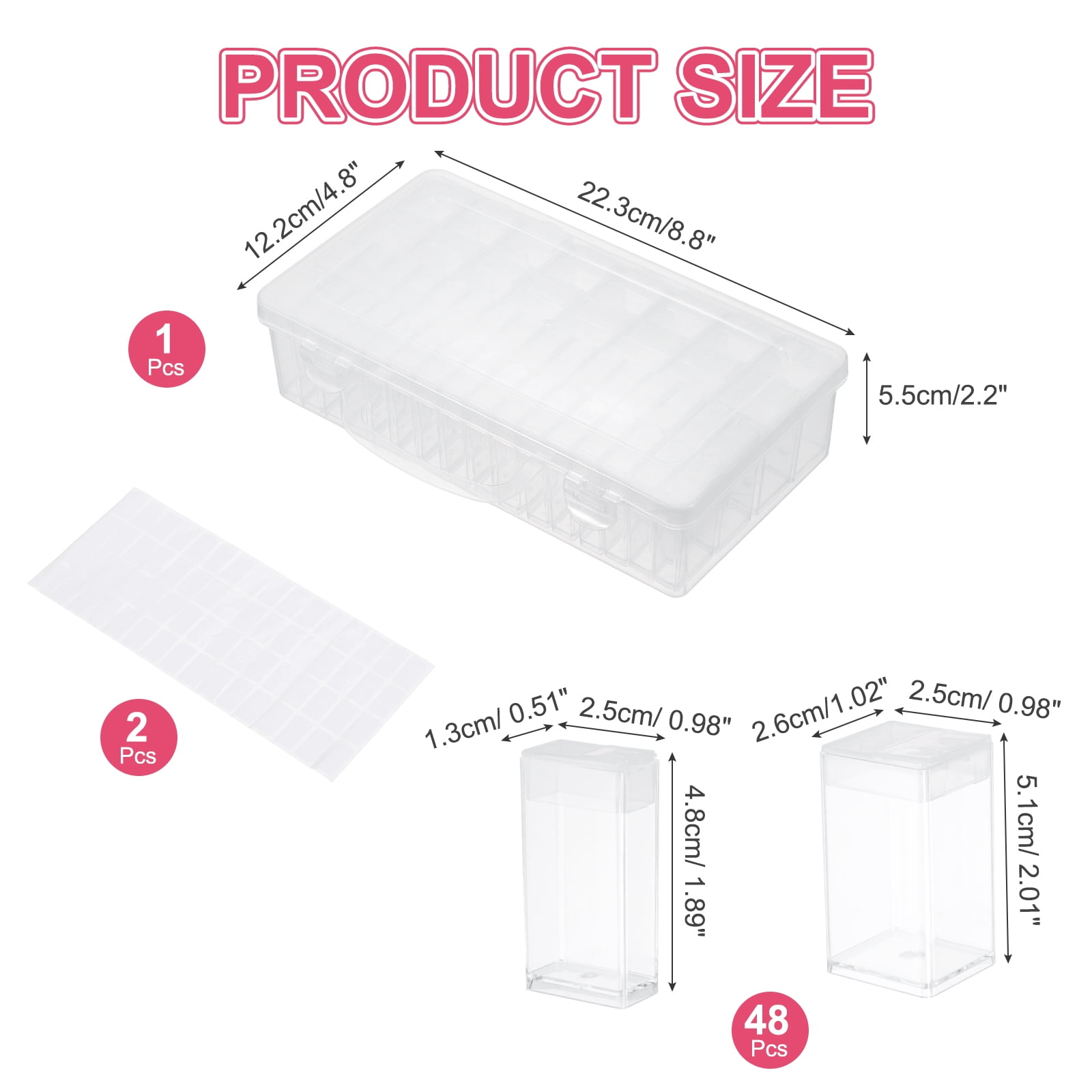 Uxcell 48 Slots Diamond Art Storage Containers, Clear Plastic Diamond Art Painting Beads Organizer Case Accessories with Labels for Jewelry Nail Crafts Rhinestones, 8.8x4.8x2.2inch