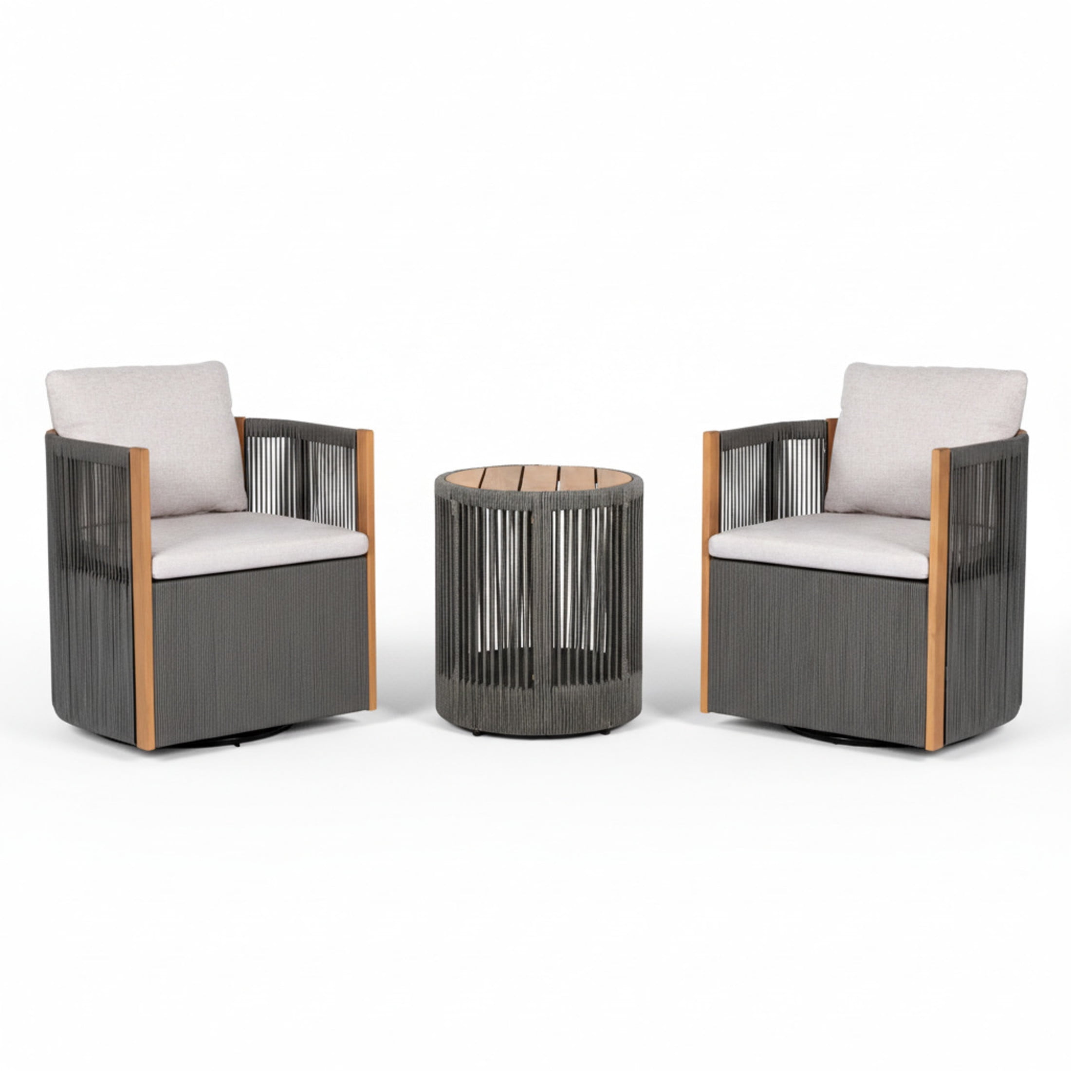 Christopher Knight Home 3 Piece Acacia Wood Outdoor 360° Swivel Chair and Side Table Set, Gray