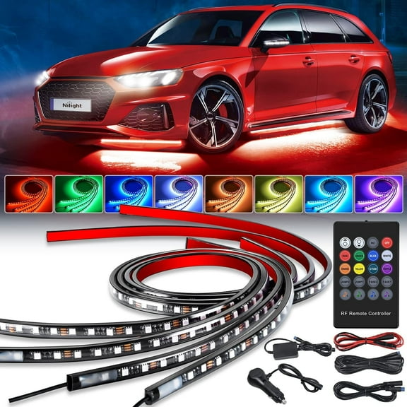 4PCS Car Underglow Neon Accent Strip Lights LED RGB 8 Color Sound Active Function Music Mode with Wireless Remote Control Underbody Light Strips for Cars Van SUV Truck