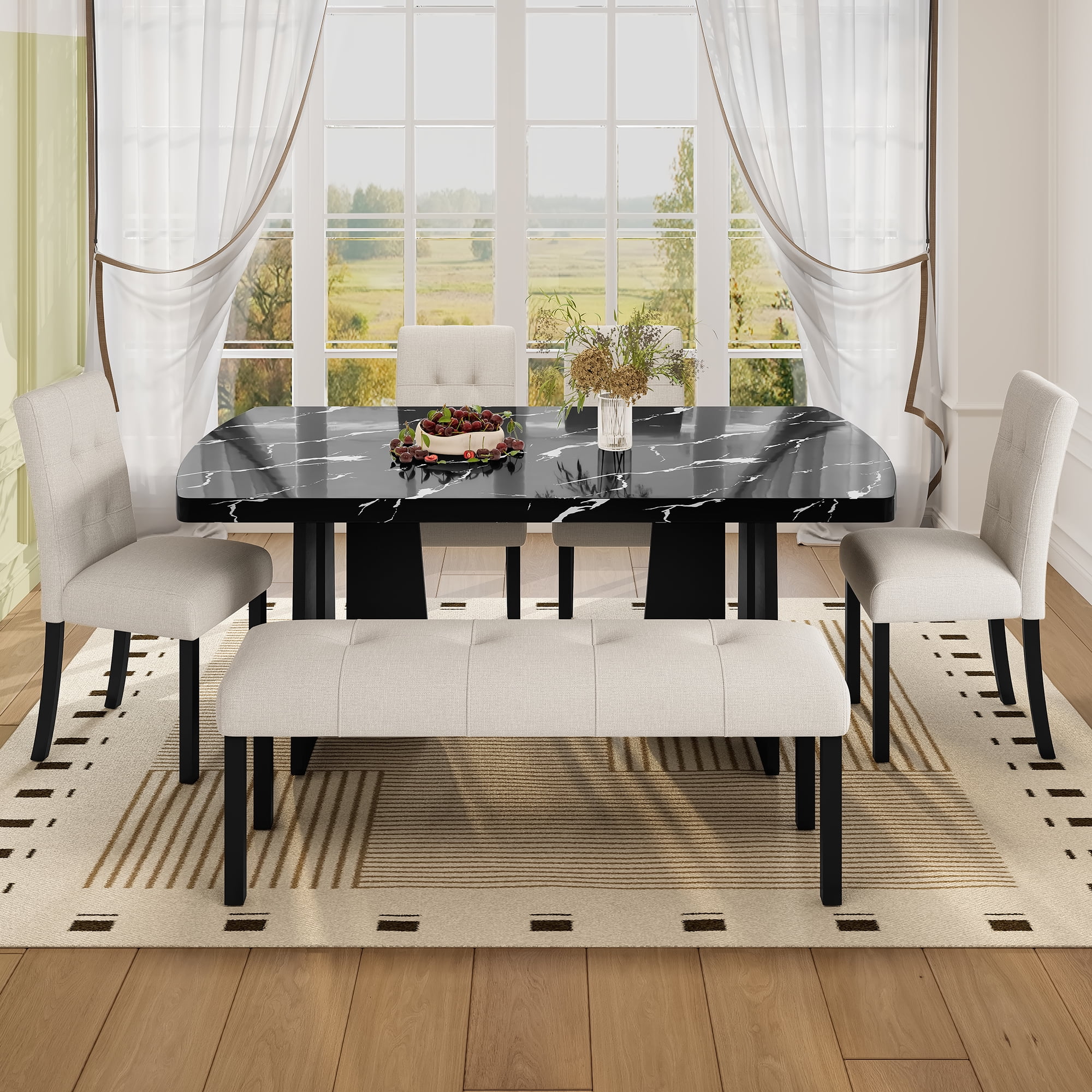 Euroco 6 Piece Dining Table Set for 6, 63" Modern Faux Marble Kitchen Table & 4 Upholstered Chairs Set with Solid Wood Frame and 1 Bench,Suitable for Dining Room,Home,Beige+Black