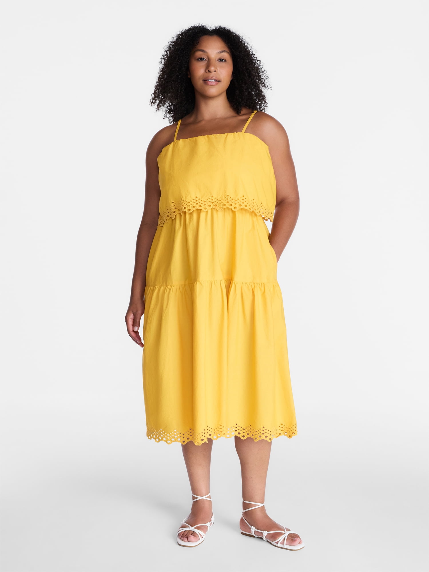 Time and Tru Women's and Women's Plus Sleeveless Cotton Midi Dress with Eyelet Trim, Sizes XS-4X