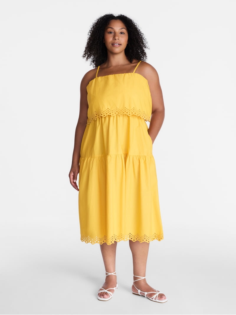 Time and Tru Women's Sleeveless Cotton Midi Dress with Eyelet Trim, Sizes Xs-4x, Size: Large, Yellow