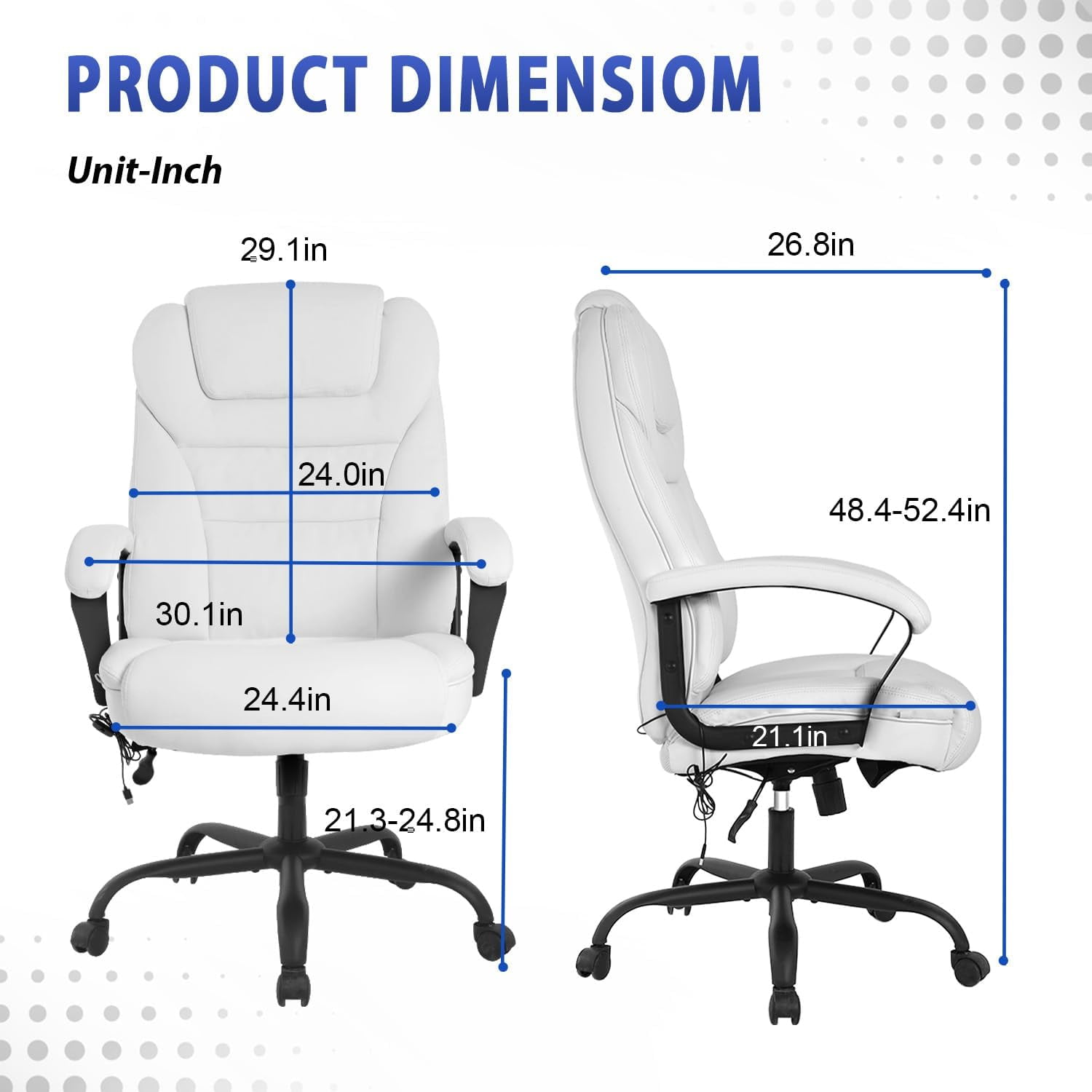 CL.HPAHKL Big and Tall Office Chair 500lbs Wide Seat Ergonomic Computer Desk Chair with Lumbar Support Arms High Back PU Leather Executive Task Swivel Rolling Chair, White