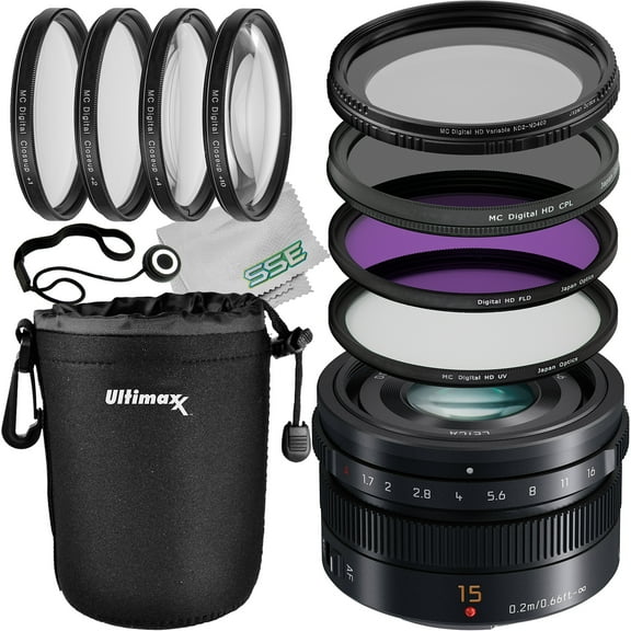 Panasonic Leica DG Summilux 15mm f/1.7 ASPH. Lens with Essential Accessory Bundle: 4 Piece Macro Close-Up Lens Filter Kit, Variable Neutral Density Filter (ND2-ND400) & Much More