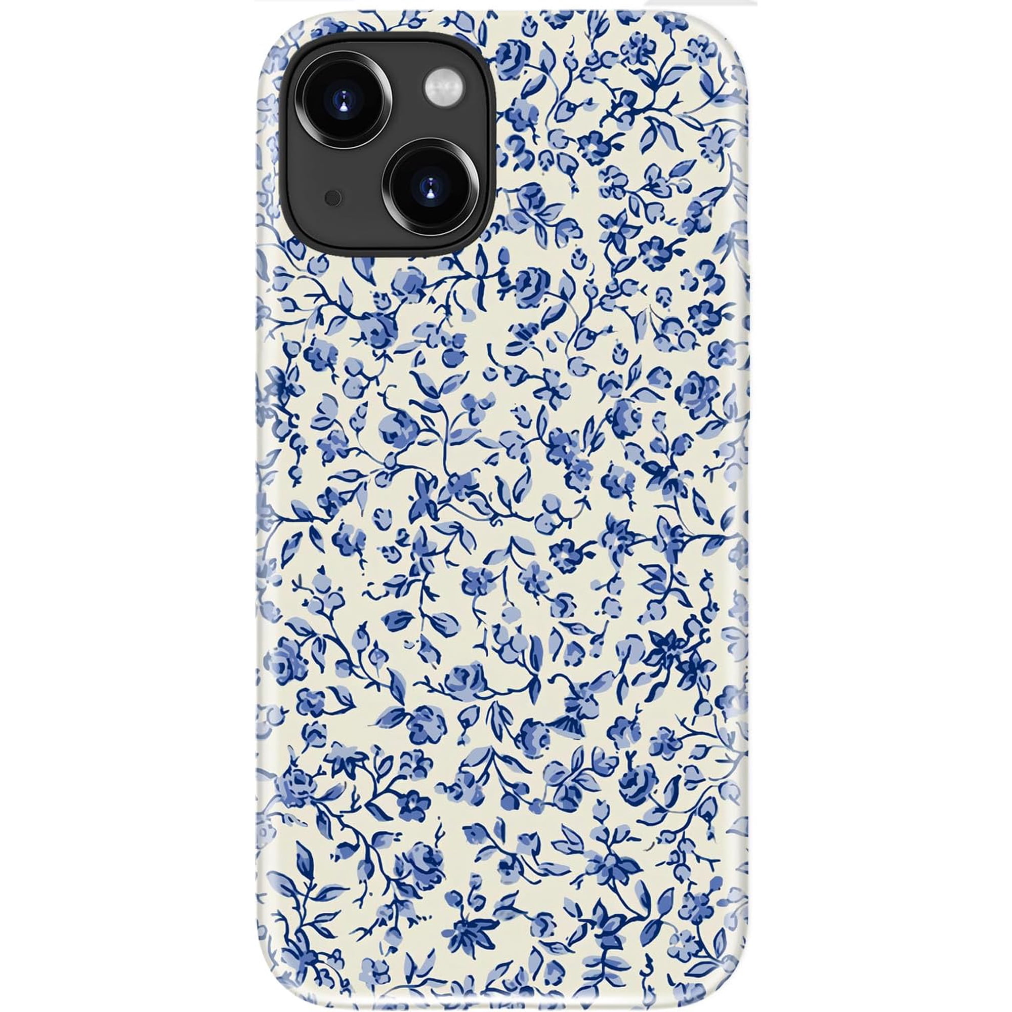 for iPhone 14 Plus Case Cute - Dual-Layer Hard Shell + Silicone Cover - Aesthetic Protective Trendy Phone Case for Women - Blue Flower Toile