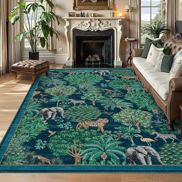 GarveeHome Jungle 8x10 Area Rug Washable Rugs for Living Room, Forest Rug Non Slip Low Pile Soft Indoor Stain Resistance Animal Print Carpet for Bedroom Dining Room Playroom Nursery, Blue