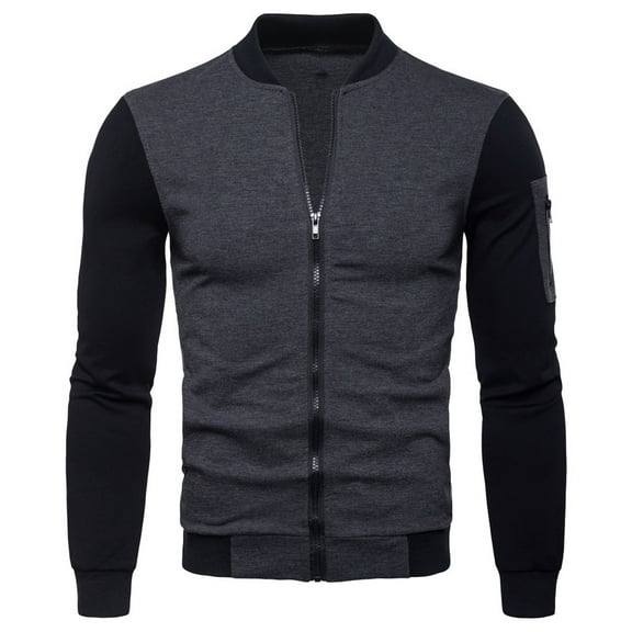 Herrnalise Men's Fashion Casual Color Block Stand Collar Jacket Short Cardigan Long Sleeve Zipper Pocket Coat Gray