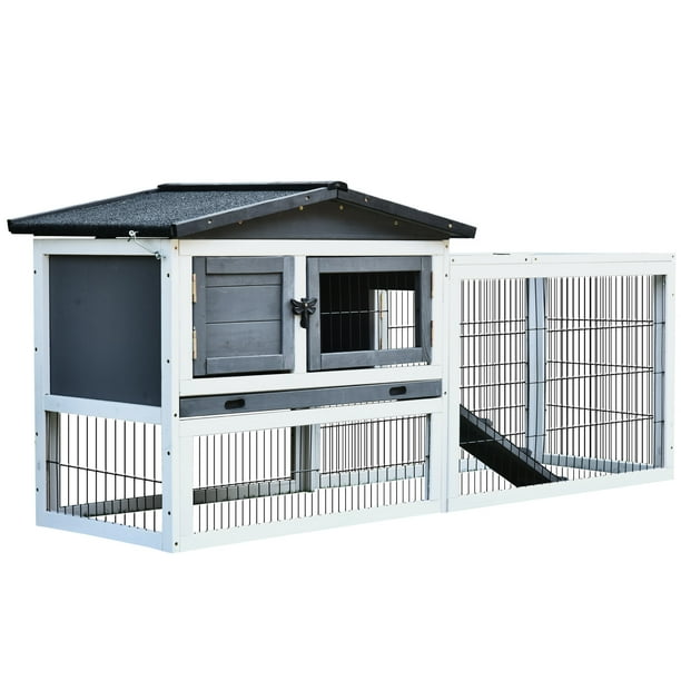 Pawhut Solid Wood Rabbit Hutch with 2 House Levels and Patio Space