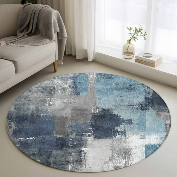 Navy Blue Grey Round Rug 3ft Washable Circle Entryway Rugs Non Slip Modern Oil Painted Abstract Art Aesthetics Area Rug Indoor Floor Carpet for Bedroom Kitchen Living Room Office Dining Room Nursery