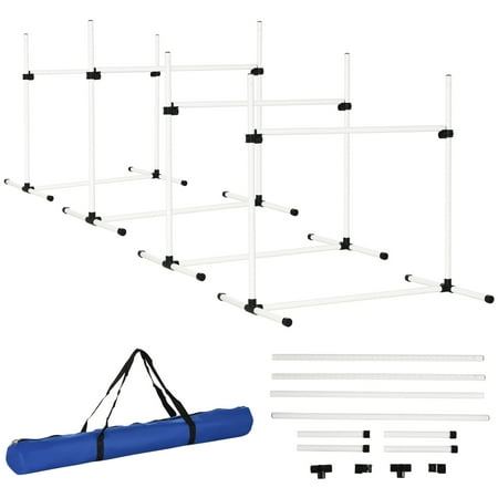 PawHut 4 Piece Dog Agility Training Equipment for Dog Agility Course with Adjustable Height Jump Bars, Included Carry Bag, & Displacing Top Bar, White