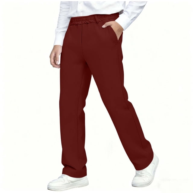 Pantalones largos para niños, de color liso, con cintura elástica, de talla media, rectos, informales y cómodos, de poliéster.