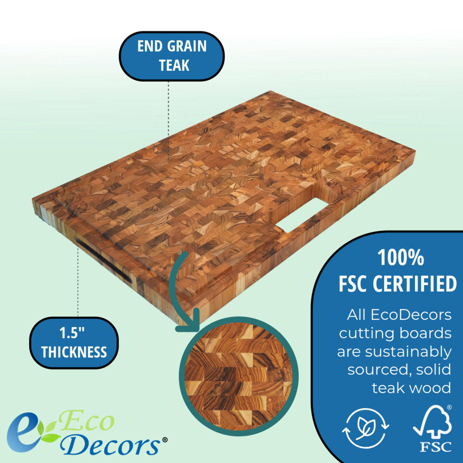 EcoDecors 29" x 18" FSC Teak End Grain Stove Top Cutting Board with Groove  Handles