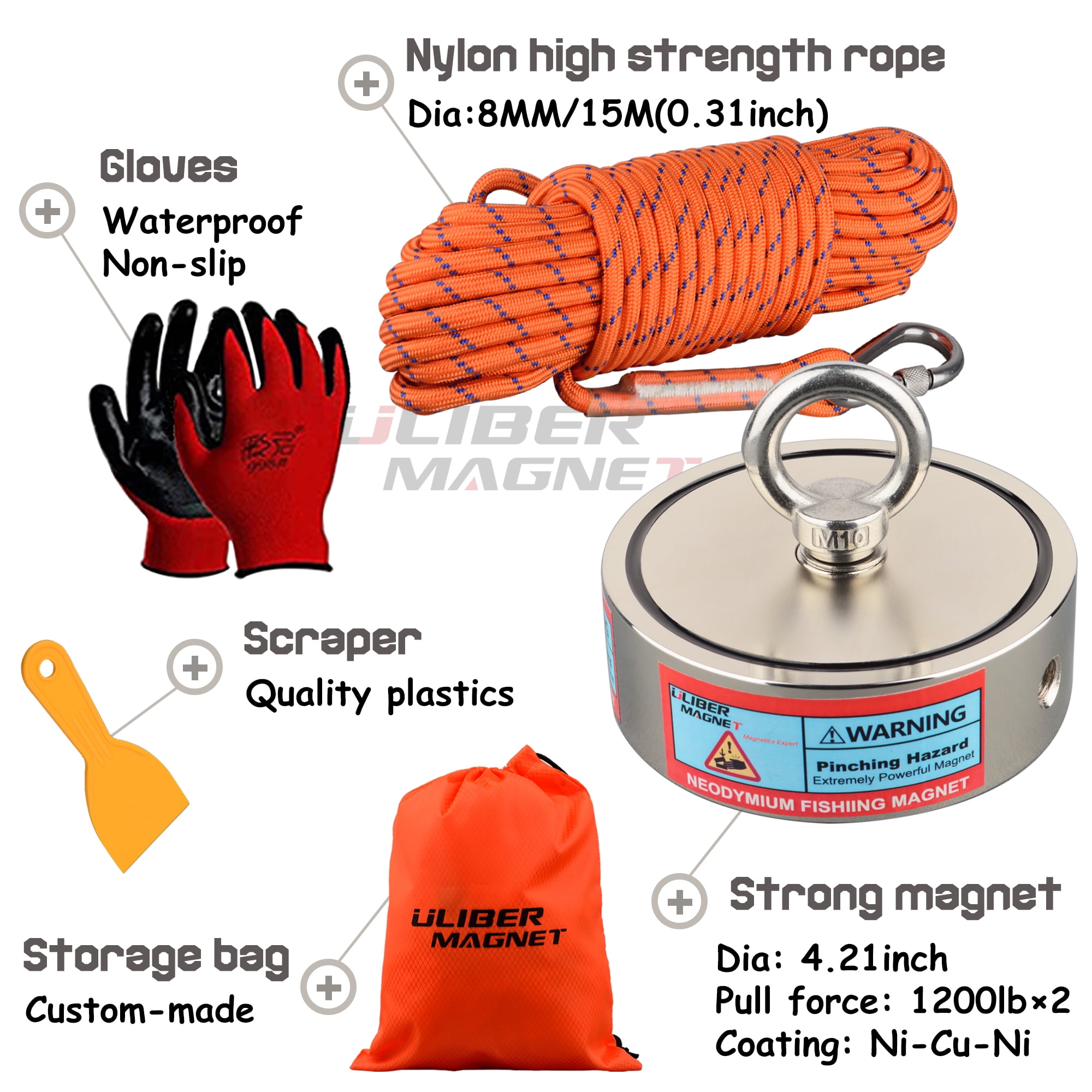 Magnete con occhiello al neodimio, 180 kg, N52, super forte, per pesca magnetica, diametro 60 mm, con corda da 20 m, un paio di guanti, magnete al neodimio forte