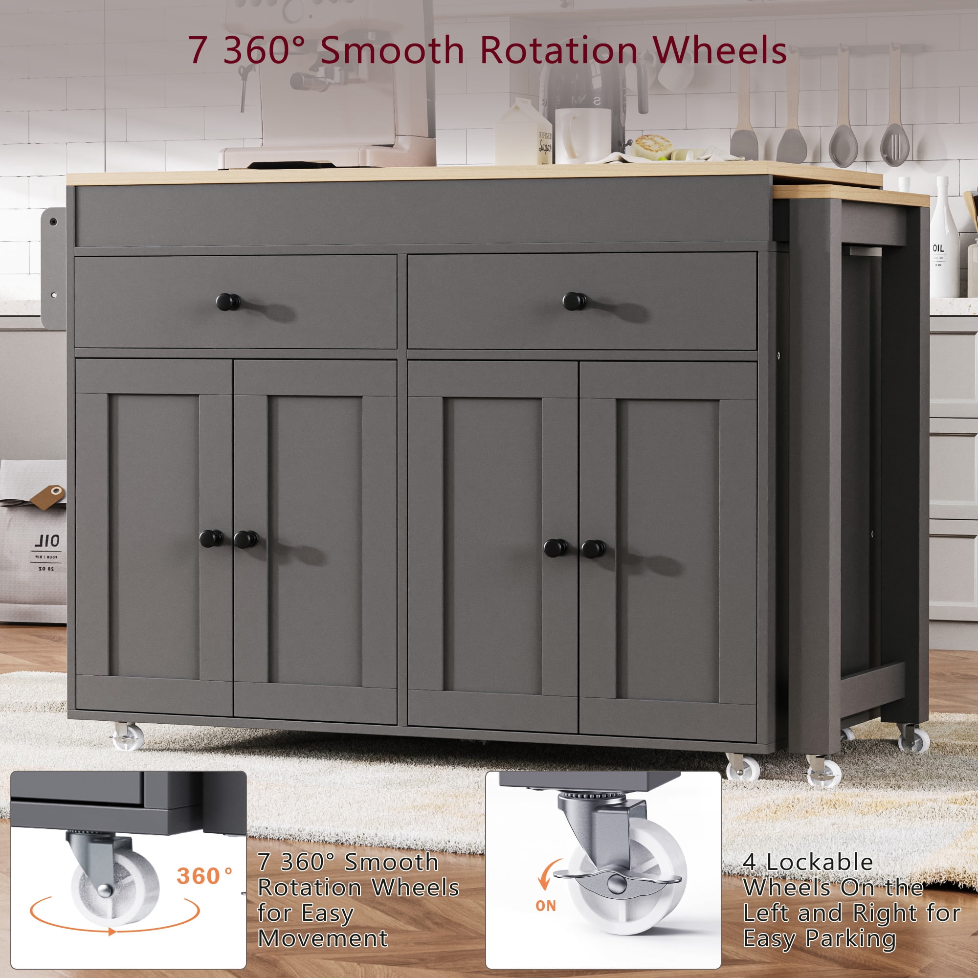 Yoneston 74.5" Rolling Kitchen Island with Extendable Dining Table, Kitchen Storage Cart with Spice Rack and 2 Drawers 4 Doors for Kitchen, Dining Room, Gray
