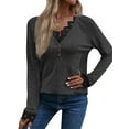 thumbnail image 4 of HUBERY Women Lace Trimmed Spliced V Neck Button Raglan Sleeve Solid Color Top, 4 of 7