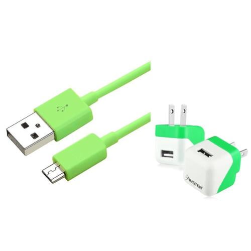 Insten Green Color 2 in1 USB Cable + Travel AC Wall Charger for Cellphone Mobile Android Smartphone Samsung Galaxy Note 5 4 Edge S7 S6 On5 E5 / ZTE Overture Zmax / Coolpad Catalyst / Alcatel Fierce 2