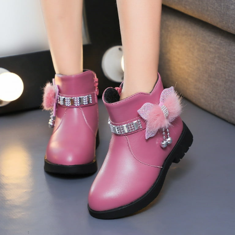 Children Shoes Thick Heel Kids Booties for Girls Short Boots Warm Leather Girls Boots Size 2 Boots Baby Bow Cute Kids Rain Boots Cotton Shoes Warm