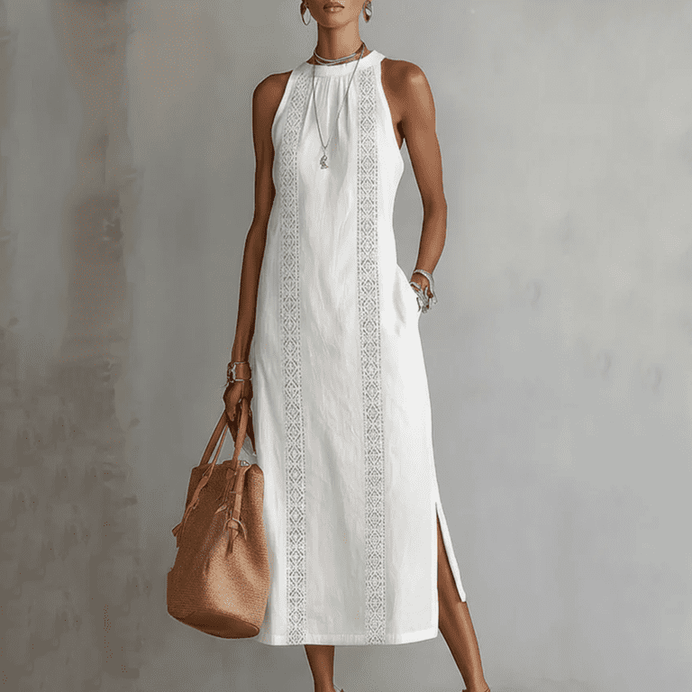 holiday white dresses VEKDONE Vacation for Women Sleeveless Halter Neck Dress Lace Patchwork Summer Midi Dresses with Pockets L Classic Fit