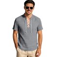 thumbnail image 2 of Men's Linen Shirts Short Sleeve Stand Collar Lace Up T Shirts Casual Lightweight Breathable Relaxed Fit Summer Tees, L, 2 of 7