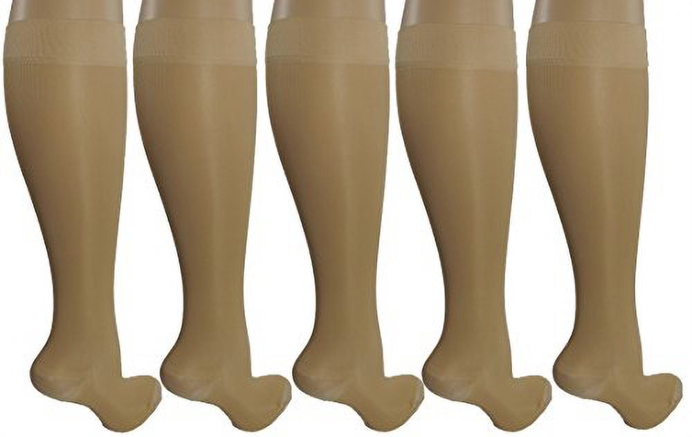 5 Pair Nude Sheer Large/X-Large Ladies Compression Socks, Moderate/Medium Graduated Compression 15-20 mmHg. Nurses, Work, Therapy, Travel & Flight Knee-High Hosiery.