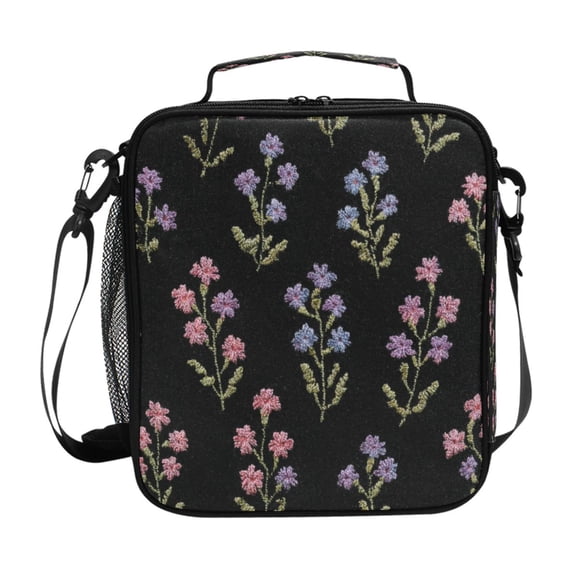 Pastel Color Flowers on Black Background Insulated Lunch Bag Reusable Lunch Box Lunch Container with Straps