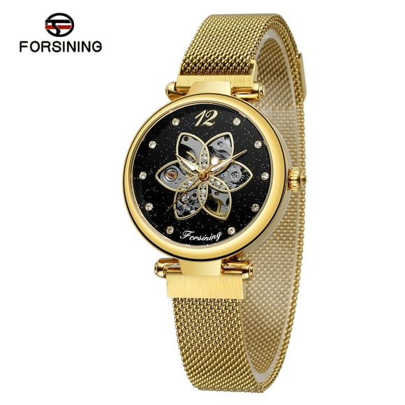 FORSINING Forsining Elegant Rose Gold Automatic Women's Watch with Stainless Steel Band, Water Resistant, Black Dial, Perfect Gift for Women