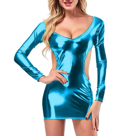 Yuhangmm Women Fashion Solid Sexy Lingerie Gold P Leather Long Seleeve Skirt Sexy Lingerie with Stockings plus Size