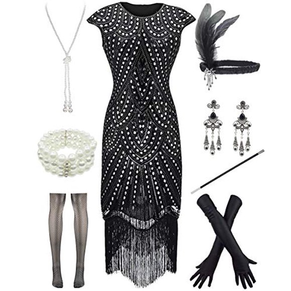 Women 1920s Vintage Flapper Fringe Beaded Gatsby Party Dress with 20s Accessories Set (S, Style 2-Black Sliver)