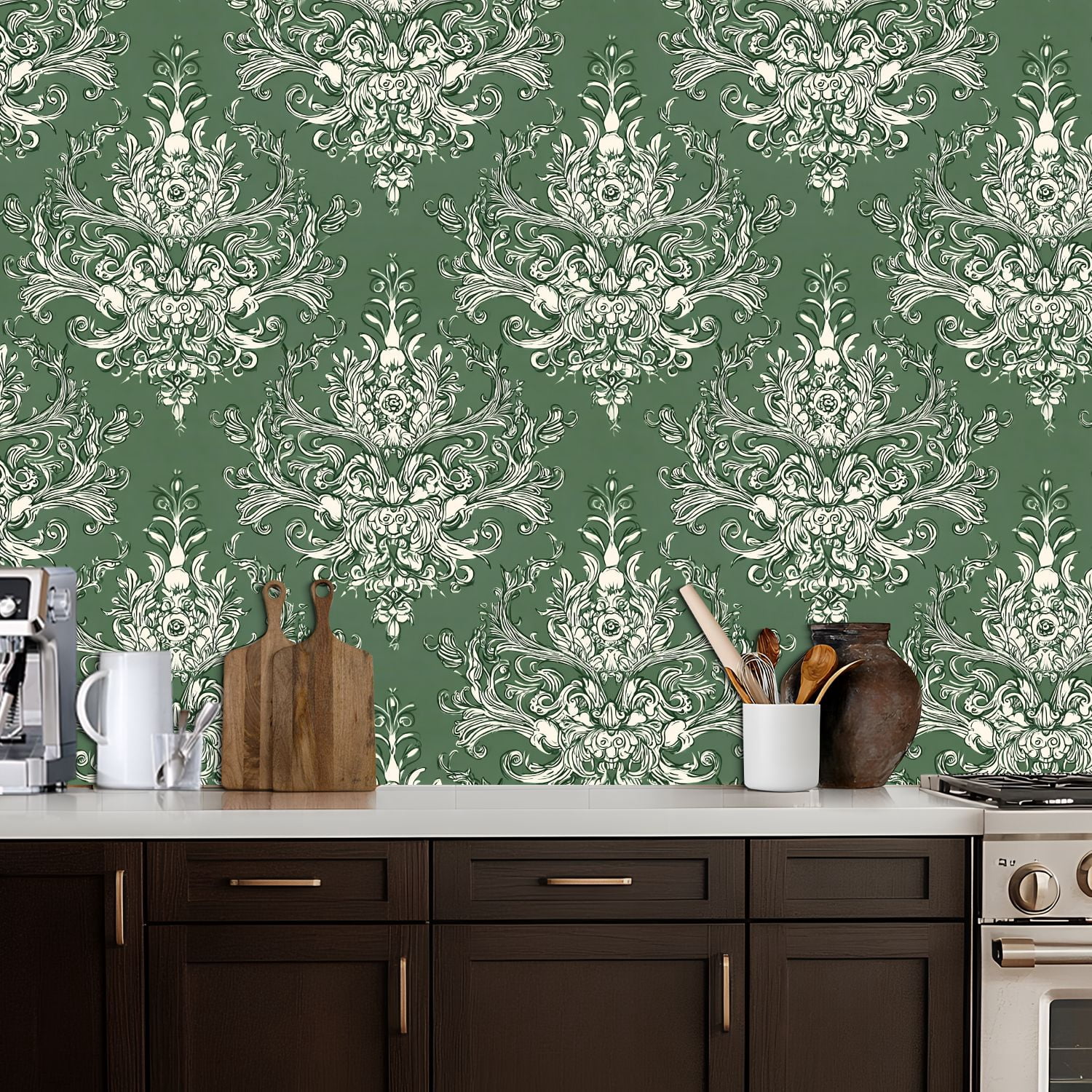 Vintage Peel and Stick Wallpaper 17.7in x 9.8ft Elegant White Floral Damask Green Contact Paper Vinyl Waterproof Self Adhesive Wall Paper for Bedroom Shelf Cabinet Renter Friendly