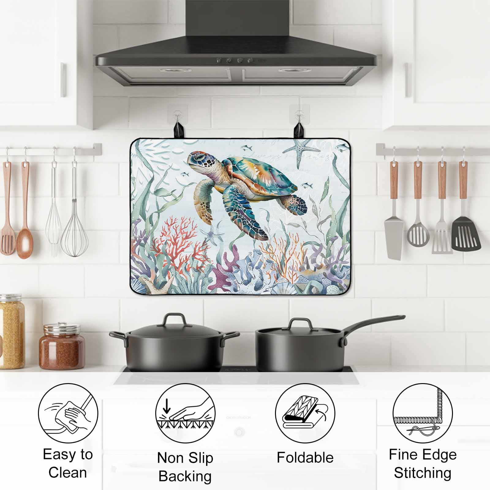 Sea Turtle Coastal Stove Top Cover for Electric Stove, Heat-proof & Non Slip Glass Top Stove Cover Protector, Summer Beach Coral Ocean Seaweed Kitchen Flat Cooktop Rubber Mat 36x21 Inches