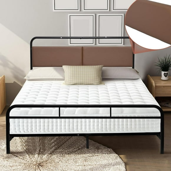 Queen Size Bed Frame with Upholstered Headboard, Heavy Duty Metal Platform Bed Mattress Foundation No Box Spring Needed and Non-Slip