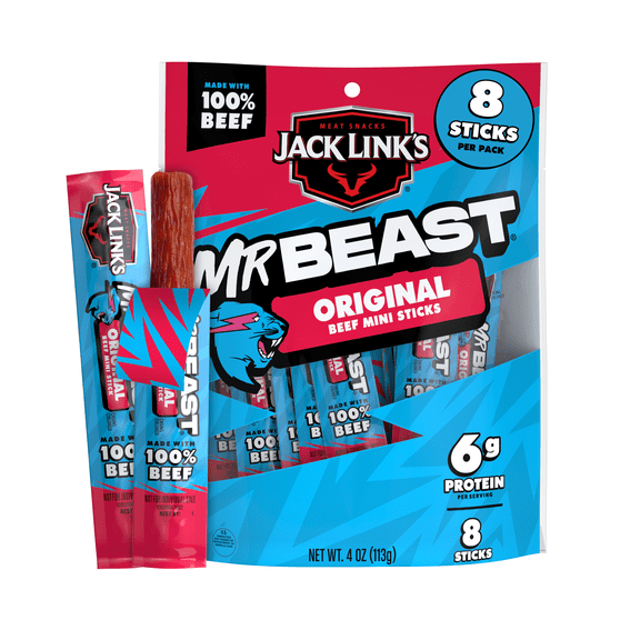 Jack Link’s x MrBeast Original Mini Beef Sticks, 4 ounce, 8 count of .5 ounce Mini Meat Sticks