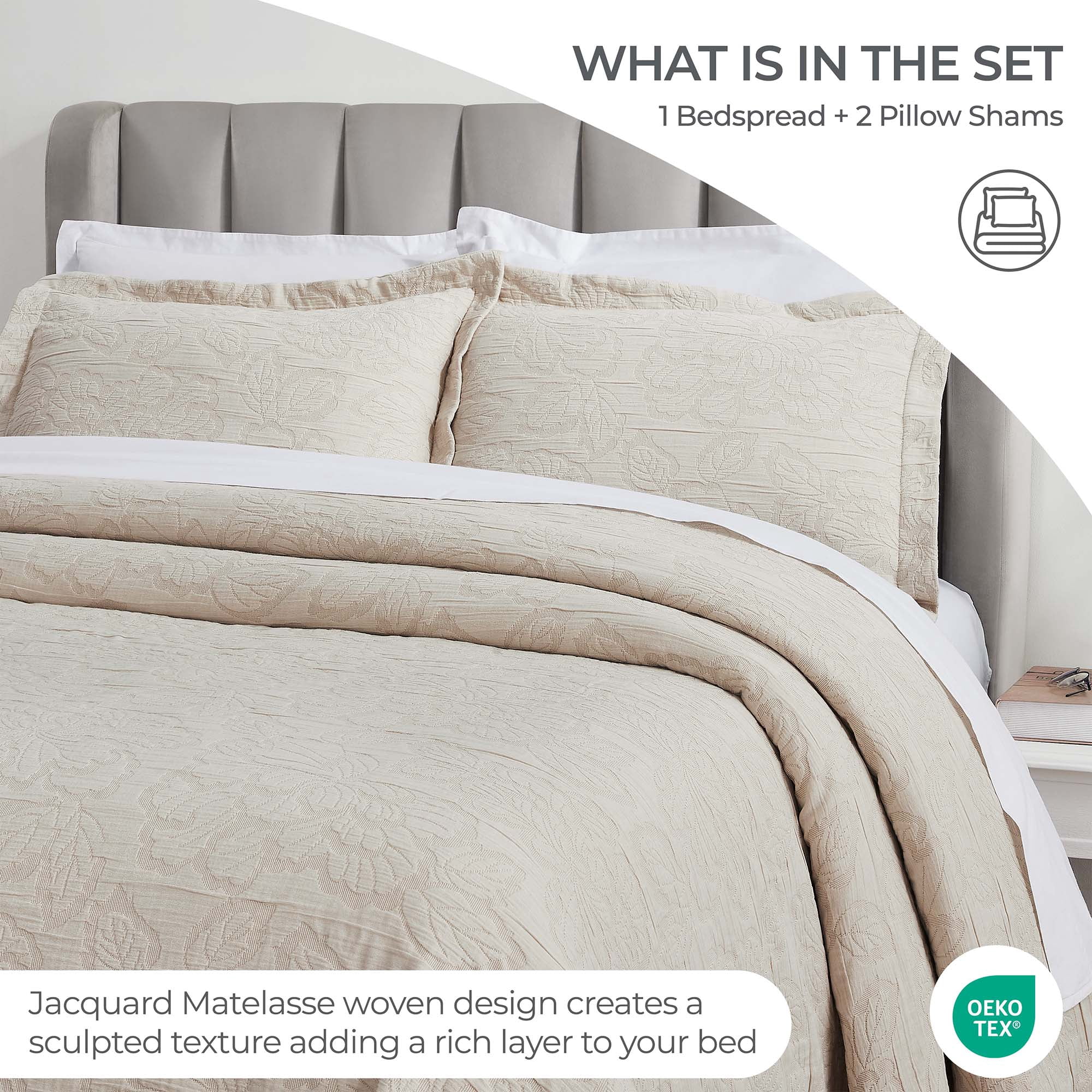 Superior Hibiscus Cotton Matelasse Bedspread and Sham Set, 3-Piece Dual Tone Modern Bedspreads, Full, Beige