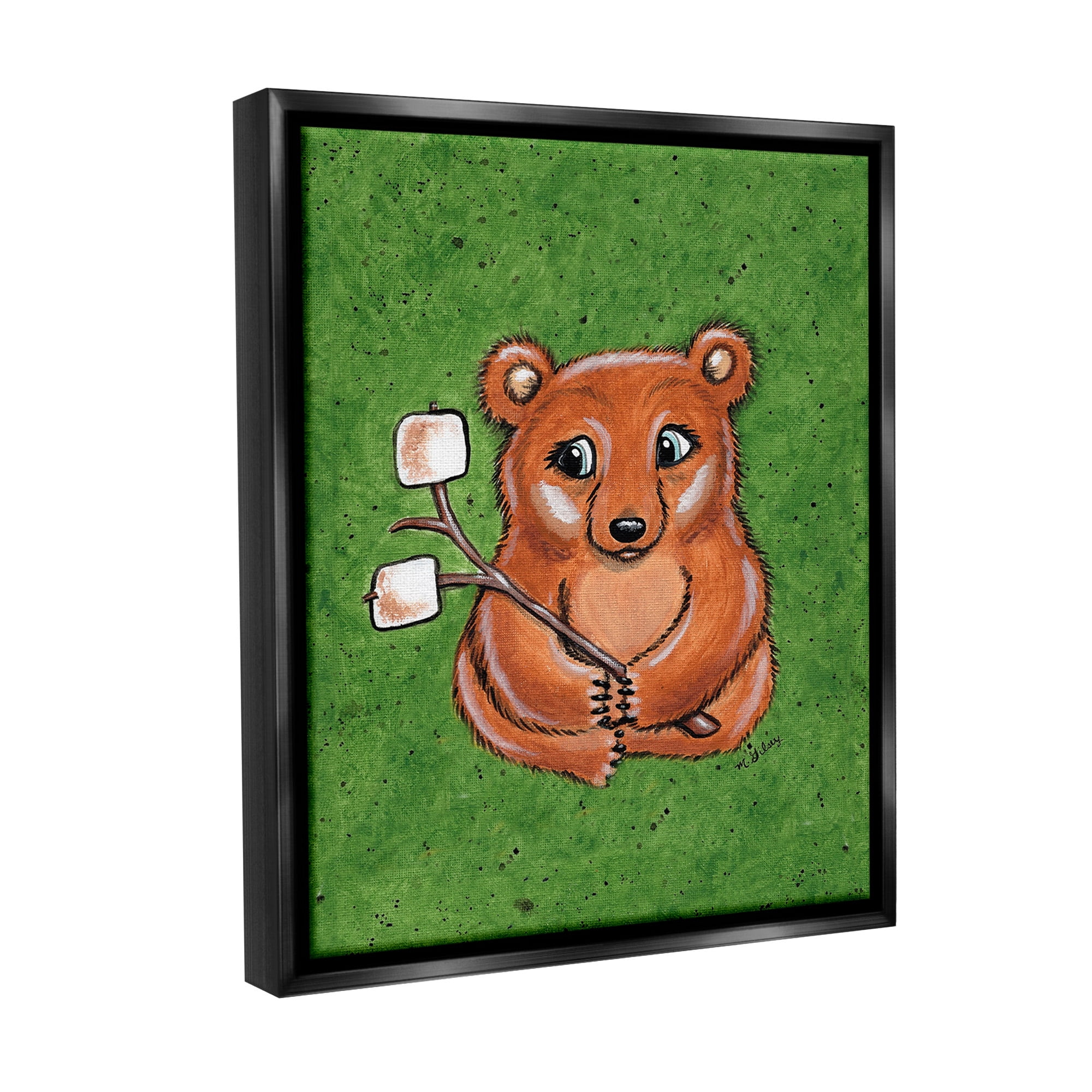 Stupell Industries Bear with S'mores Animals & Insects Painting Black Floater Framed Canvas Art Print Wall Art, 25 x 31