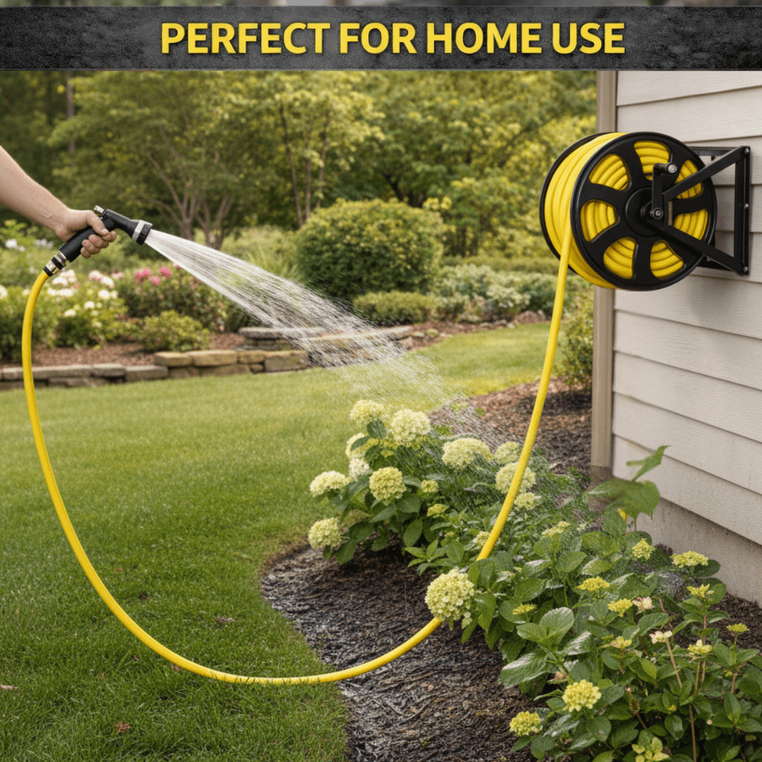 Dual Floor and Wall Mounted Garden Hose Reel, Holds 200ft of Water Hose, Heavy Duty Metal Hose Reel, Space Saving Hose Reel Organizer for Yard, Garage & Shed (Black)