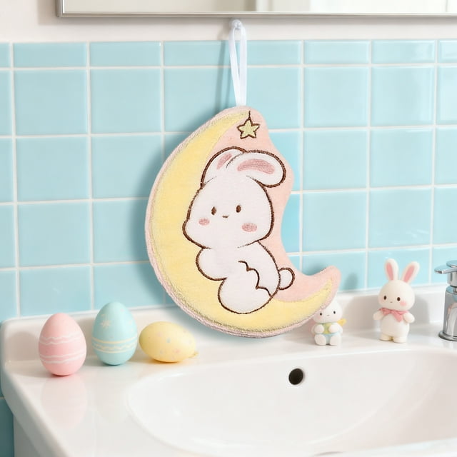Toallas de mano infantiles con bonitos diseños 3D | Poliéster suave y aterciopelado | Toalla colgante para baño y cocina | 4 colores: rosa, morado, azul y gris | 26 x 20 cm
