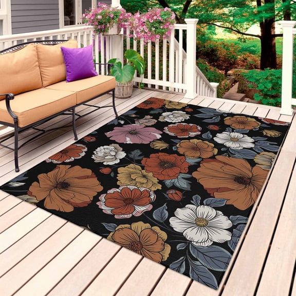 Vintage Peony Outdoor Rug 3x5 Ft, Non Slip Washable Area Rug, Summer Botanical Retro Art Patio Rugs Carpet Runner, Large Floor Mat for Indoor/Outdoor Deck Porch Camping