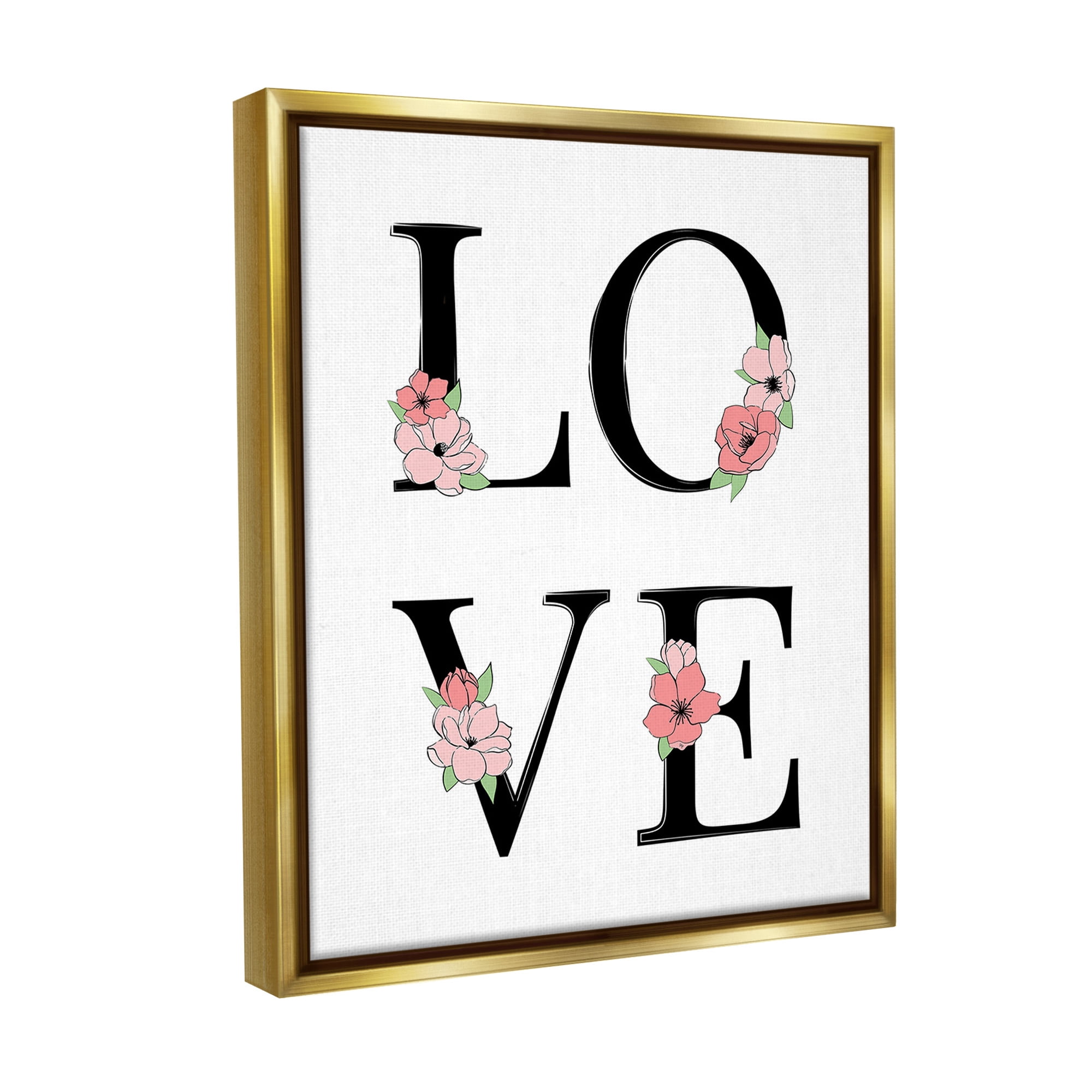 Stupell Industries Love with Floral Letters Botanical & Floral Painting Gold Floater Framed Canvas Art Print Wall Art, 25 x 31
