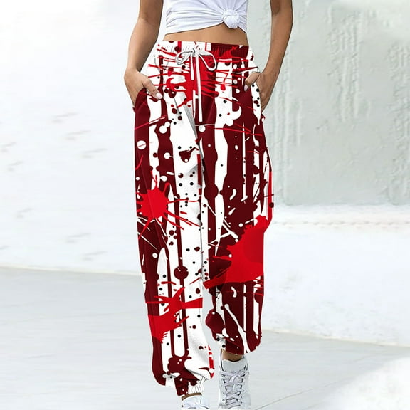 WXLWZYWL Halloween Sweatpants for Women Scary Bloody Splash Print Fleece Lined Bottoms Gym Workout Pants Halloween 2024 Fall Jogger Pants