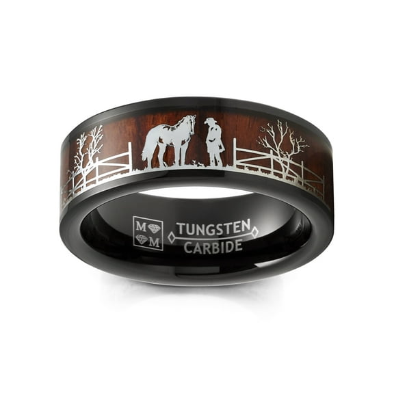 Metal Masters Mens Black Tungsten Horse Equestrian Ring Wedding Band Wood Rancher Stallion Brown