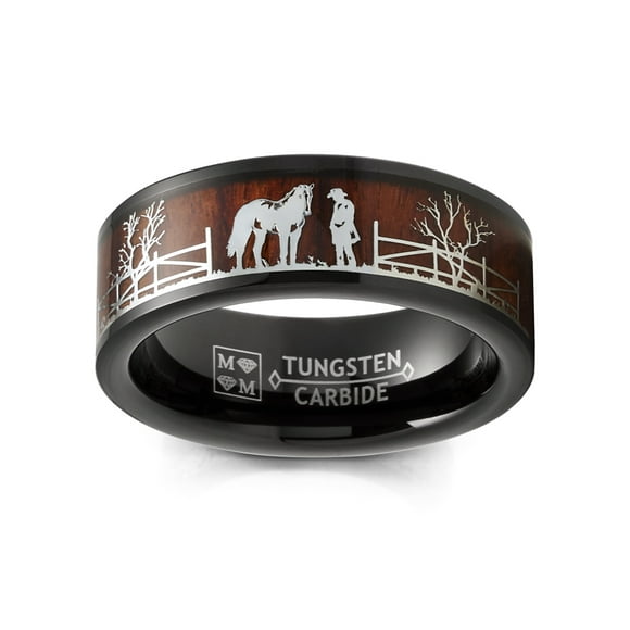 Mens Black Tungsten Horse Equestrian Ring Wedding Band Wood Rancher Stallion Brown