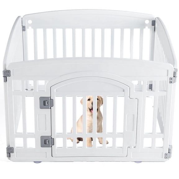 Euqvunn Plastic Dog Playpen, 24" 4-Panel Pet Pen with Door, Folding & Portable, Easy to Clean, for Small to Medium Dogs, for Indoor & Outdoor, White