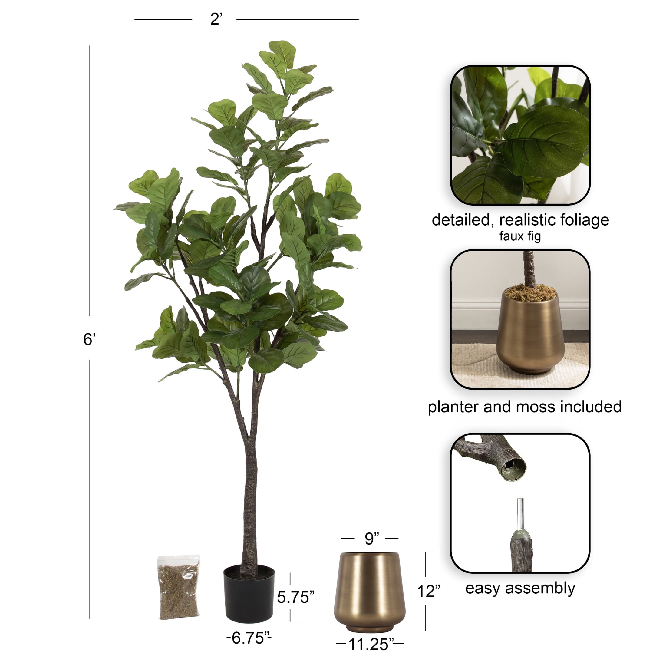 Kate and Laurel Fidmont Faux Fiddle Fig Tree with Portell Metal Planter Pot, 6 FT, Gold, Potted Artificial Tree Indoor with Realistic Foliage and Added Moss, Fake Plant for Living Room Decor