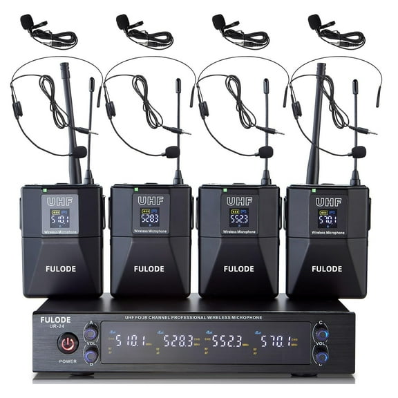 FULODE 4 Channel UHF Wireless Microphone System with Lavalier Headset Mics, 4x50 Adjustable Frequencies, Ideal for Karaoke Meeting Church, 300ft Range (4 Bodypack)