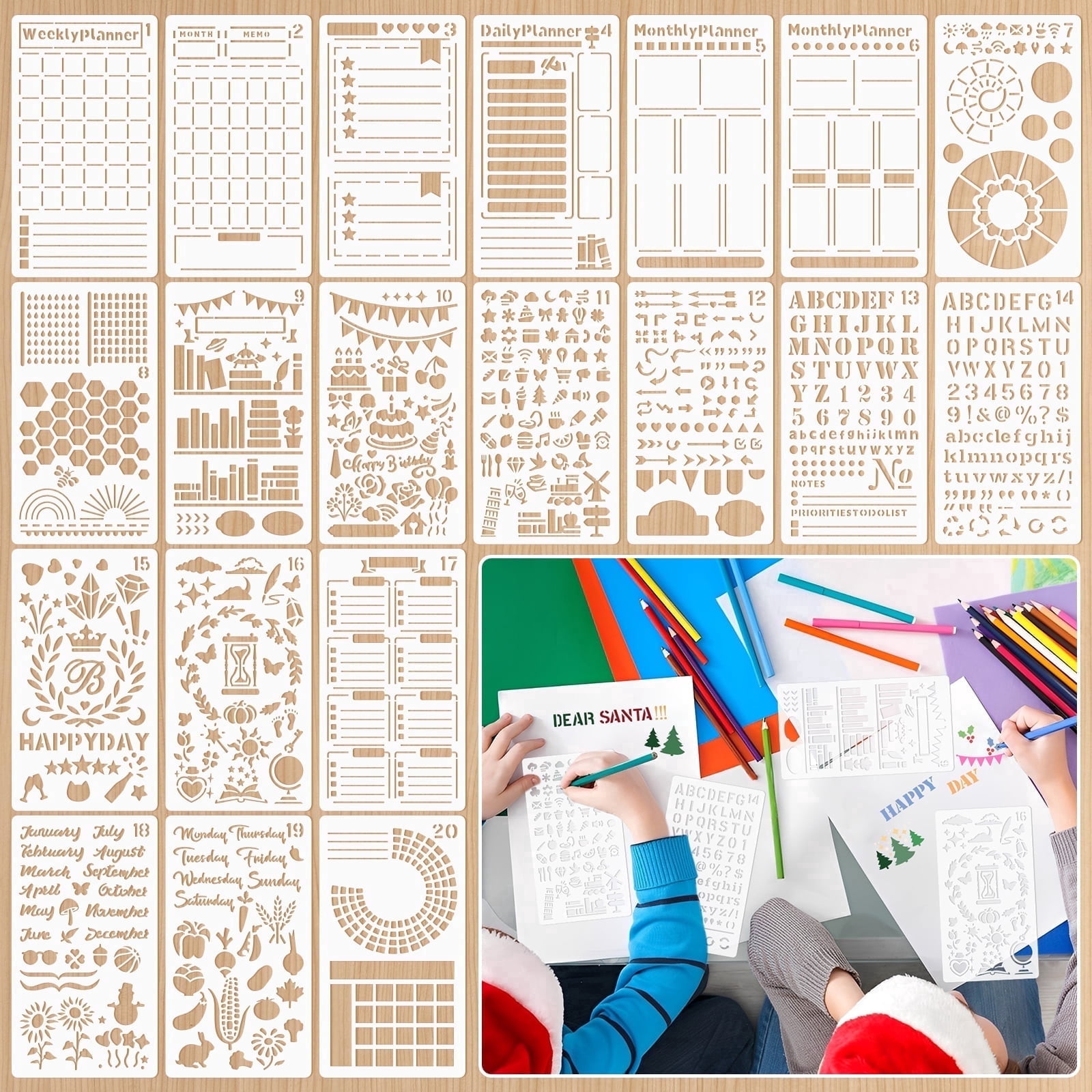 Sinekong 20 Pcs Journal Stencils, Bullet Journaling Supplies for Planners DIY Drawing, Notebook Scrapbook Accessories, 4x7 inch
